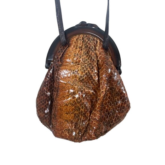 Vintage 40s Women's Brown Snake Skin Crossbody Shoulder Bakelite Closure Bag - Picture 2 of 13